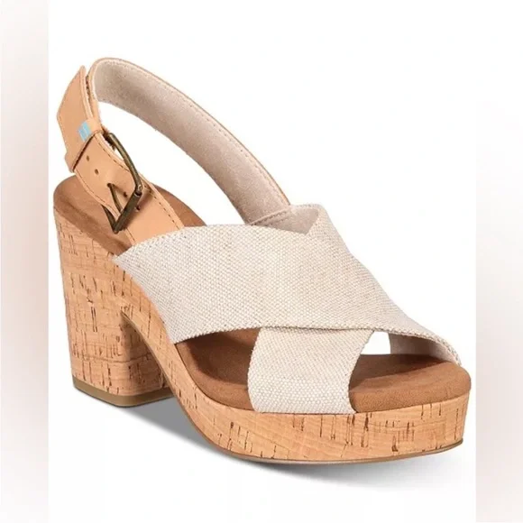 Toms Ibiza Cross Strap Block Heel Sandals Size 6.5 Tan Cork - Picture 1 of 9